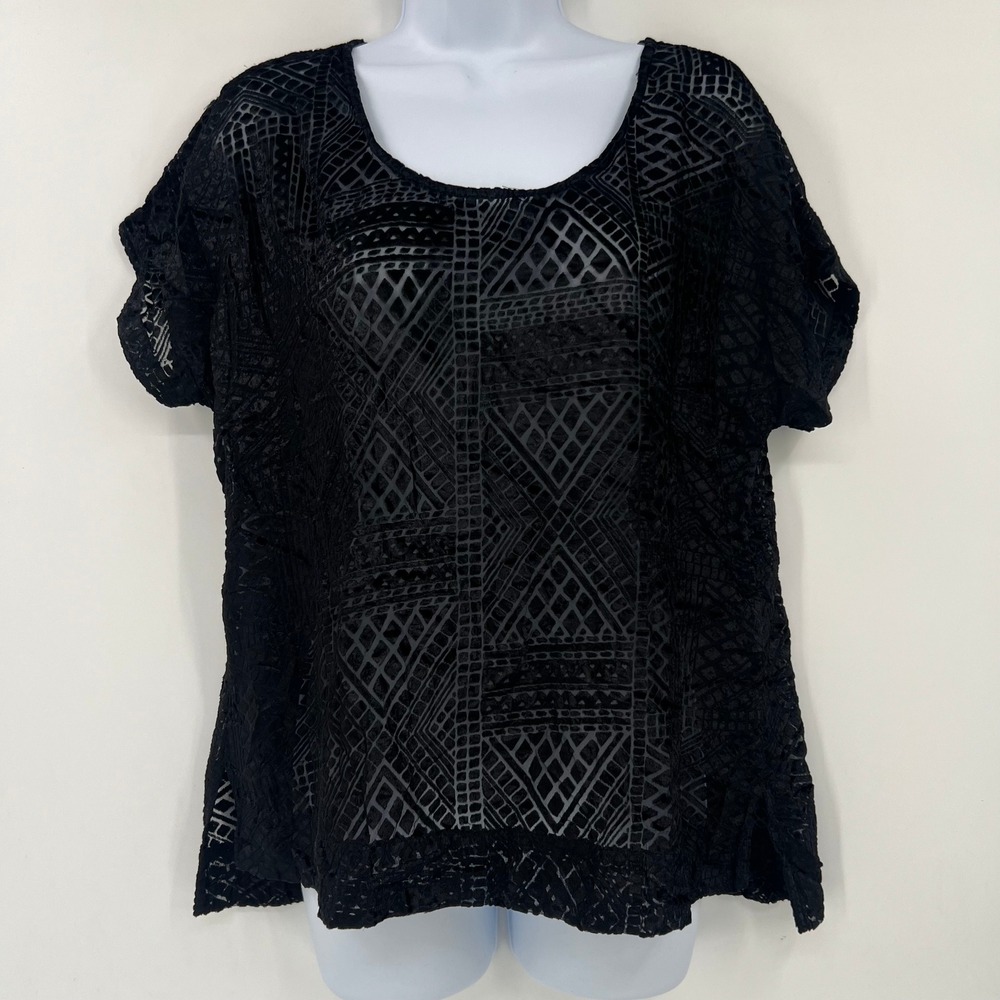 Lucky Brand Women Medium Gothic Boho Black Burnout Velvet Sheer Top Whimsigoth